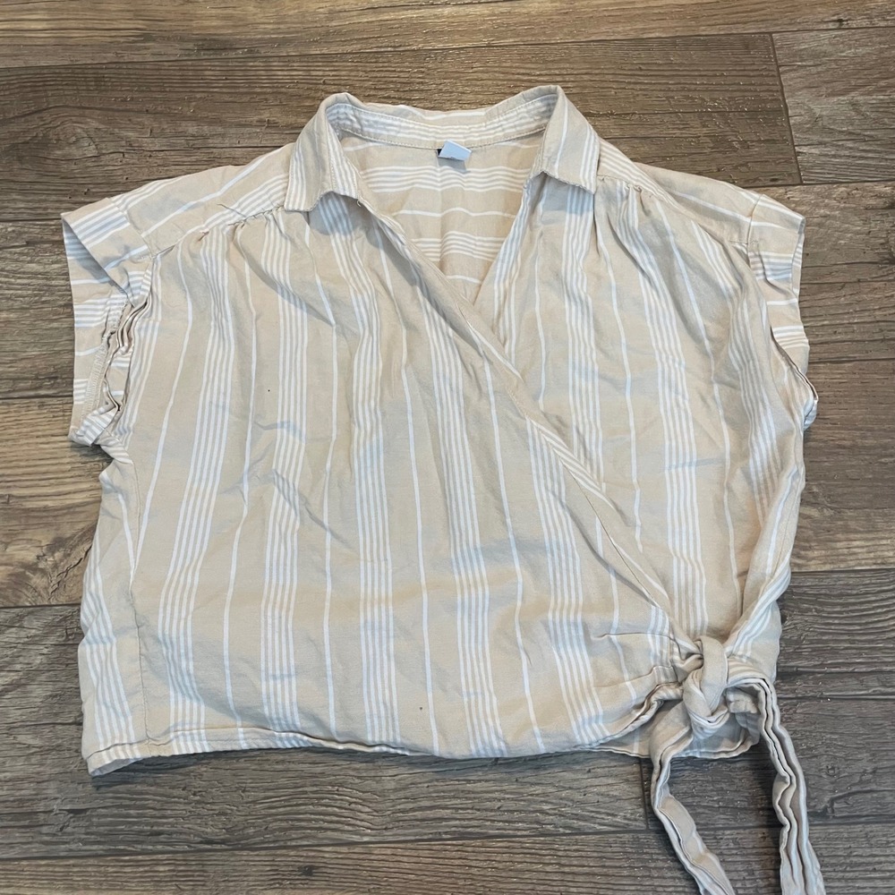 Old Navy Womens Relaxed Wrap Top Tan White Striped Short Sleeve Cotton Size M